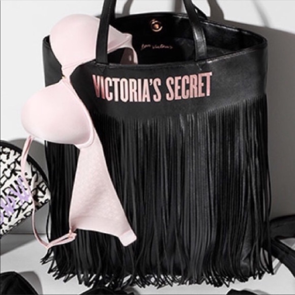 Victoria's Secret Handbags - Victoria Secret Black Fringe Faux Leather Tote Bag